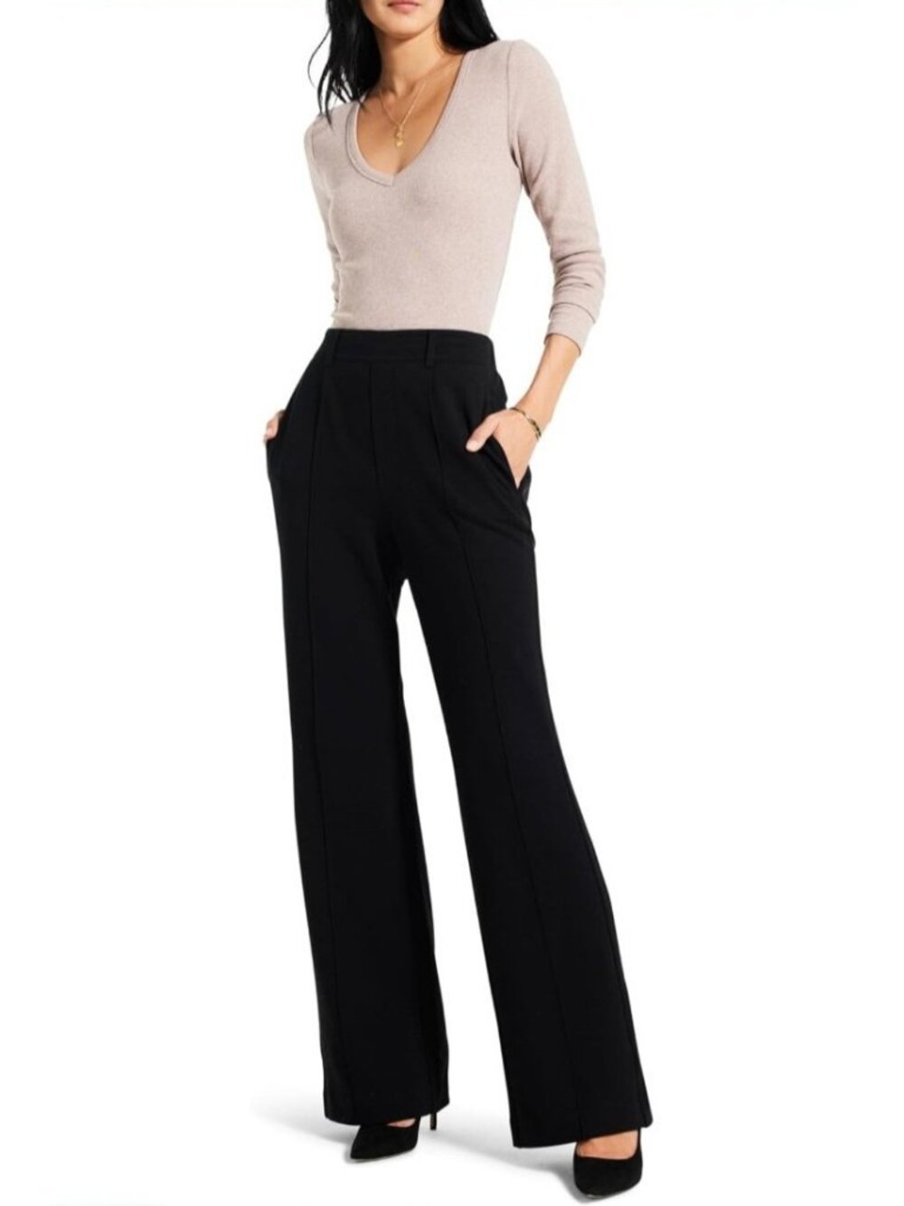 NIC+ZOE Womens Size Large Black Wide Leg Pleated Knit Pants NEW